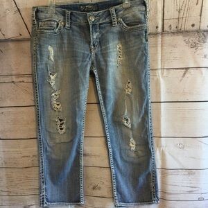 Silver Jeans Frances Crop Stylish Blue Denim Jean Capris Distressed Size 30